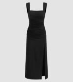 Square Neck Ruched Split Bowknot Maxi Dress - Image 3