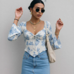 Square Neck Tie-Up Bell Sleeve Printed Long Top in Blue and Beige