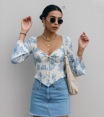 Square Neck Tie-Up Bell Sleeve Printed Long Top in Blue and Beige