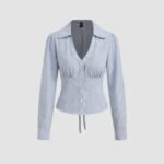 Collared V Neck Tie-Up Full Sleeve Top in Blue and White