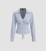 Collared V Neck Tie-Up Full Sleeve Top in Blue and White