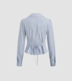 Collared V Neck Tie-Up Full Sleeve Top in Blue and White - Image 2