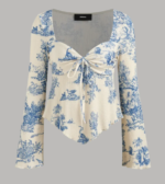 Square Neck Tie-Up Bell Sleeve Printed Long Top in Blue and Beige - Image 2