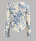 Square Neck Tie-Up Bell Sleeve Printed Long Top in Blue and Beige - Image 3