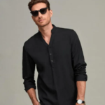 Men Solid Casual Style Half Button Black Shirt