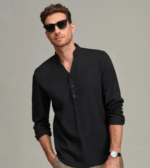 Men Solid Casual Style Half Button Black Shirt