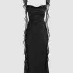 Black Ruched Ruffle Mesh Sleeveless Bodycon Midi Dress