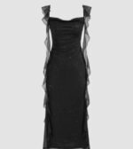 Black Ruched Ruffle Mesh Sleeveless Bodycon Midi Dress