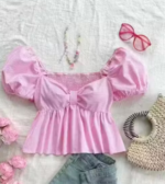 Cotton Stripe Puff Sleeve With Bow Tie Crop Top Pink - Image 3