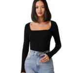 Dream Beauty Fashion Women's Long Sleeve Slim Fit Top/T-Shirt Square Neck Casual (Top-Sakira-1)