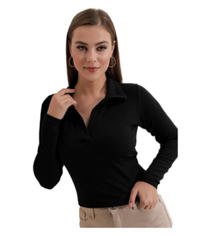 Dream Beauty Fashion Women's Collared Neck Long Sleeve Slim Fit Casual Tee Top, 23" inches (Apple-01-P)