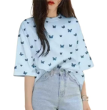 Topify Oversize Spandex Funkky Printed T-Shirt for Women Casual Wear with Butterfly Blue Print Color Blue