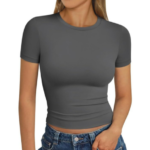 Womens Square Neck Short Sleeve Crop Top Double Lined Slim Fitted Basic Tee Going Out Cute Summer T Shirt TrendyVG