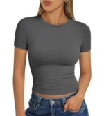 Womens Square Neck Short Sleeve Crop Top Double Lined Slim Fitted Basic Tee Going Out Cute Summer T Shirt TrendyVG