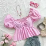 Cotton Stripe Puff Sleeve With Bow Tie Crop Top Pink