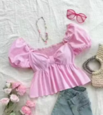 Cotton Stripe Puff Sleeve With Bow Tie Crop Top Pink