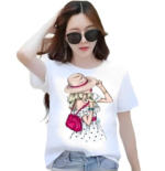 Women’s Round Neck Graphic Print T-Shirt – Short Sleeve Polyester Casual Top Color White (Half-RK-Cap Bag Girl)