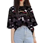 Topify Oversize Spandex Funkky Printed T-Shirt for Women Casual Wear with Akshar Print Color Black