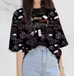 Topify Oversize Spandex Funkky Printed T-Shirt for Women Casual Wear with Akshar Print Color Black - Image 2