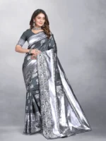 Gazal Fashions Banarasi Silk Embellished Saree With Unstitched Blouse Piece ( Grey )