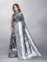 Gazal Fashions Banarasi Silk Embellished Saree With Unstitched Blouse Piece ( Grey ) - Image 2