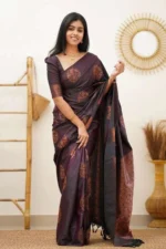 Gazal Fashions Banarasi Silk Woven Saree With Unstitched Blouse Piece ( Wine )