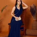Gazal Fashions Georgette Self Design Saree With Unstitched Blouse Piece ( Navy Blue )