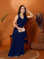 Gazal Fashions Georgette Self Design Saree With Unstitched Blouse Piece ( Navy Blue )