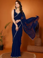 Gazal Fashions Georgette Self Design Saree With Unstitched Blouse Piece ( Navy Blue ) - Image 2