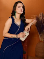 Gazal Fashions Georgette Self Design Saree With Unstitched Blouse Piece ( Navy Blue ) - Image 3