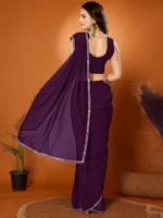 Gazal Fashions Georgette Self Design Saree With Unstitched Blouse Piece ( Purple ) - Image 3