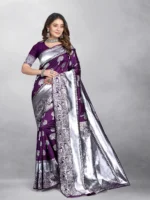 Gazal Fashions Banarasi Silk Embellished Saree With Unstitched Blouse Piece ( Purple )