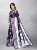 Gazal Fashions Banarasi Silk Embellished Saree With Unstitched Blouse Piece ( Purple ) - Image 3