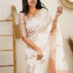 Gazal Fashions Silk Woven Banarasi saree With Unstitched Blouse Piece ( White,Rose Gold )