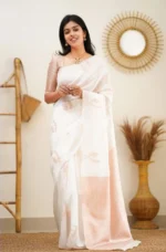 Gazal Fashions Silk Woven Banarasi saree With Unstitched Blouse Piece ( White,Rose Gold ) - Image 2
