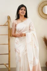 Gazal Fashions Silk Woven Banarasi saree With Unstitched Blouse Piece ( White,Rose Gold ) - Image 3