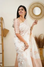 Gazal Fashions Silk Woven Banarasi saree With Unstitched Blouse Piece ( White,Rose Gold ) - Image 4