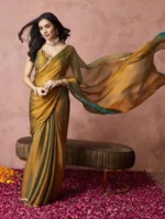 Generics Chiffon Solid Regular Saree With Unstitched Blouse Piece ( Gold ) - Image 2