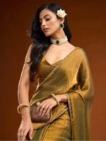 Generics Chiffon Solid Regular Saree With Unstitched Blouse Piece ( Gold ) - Image 3