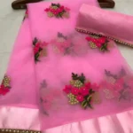 HIFLI Net Embroidered Banarasi saree With Unstitched Blouse Piece ( Pink )