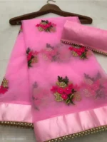 HIFLI Net Embroidered Banarasi saree With Unstitched Blouse Piece ( Pink )
