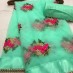 HIFLI Net Embroidered Banarasi saree With Unstitched Blouse Piece ( Rama )