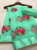 HIFLI Net Embroidered Banarasi saree With Unstitched Blouse Piece ( Rama )
