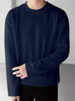 Eyebogler Cotton Blend Oversized Fit Self Design Full Sleeves Men's Round T-Shirt - Blue ( Pack of 1 )