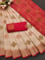 IndShopMart Cotton Silk Woven Regular Saree With Unstitched Blouse Piece ( Beige,Red ) - Image 2