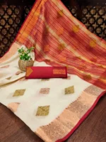 IndShopMart Cotton Silk Woven Regular Saree With Unstitched Blouse Piece ( Beige,Red ) - Image 3