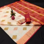 IndShopMart Cotton Silk Woven Regular Saree With Unstitched Blouse Piece ( Beige,Red ) - Image 4