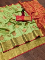 IndShopMart Cotton Silk Woven Regular Saree With Unstitched Blouse Piece ( Olive,Red ) - Image 2