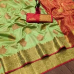 IndShopMart Cotton Silk Woven Regular Saree With Unstitched Blouse Piece ( Olive,Red )