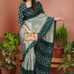 JIHANA FAB Chiffon Printed Bandhani Sarees With Unstitched Blouse Piece ( Green )
